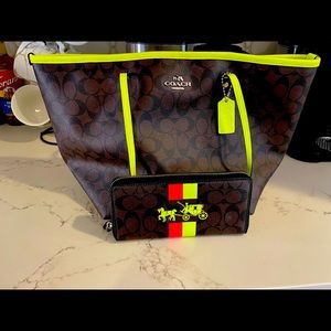 Coach neon yellow tote & matching wallet
